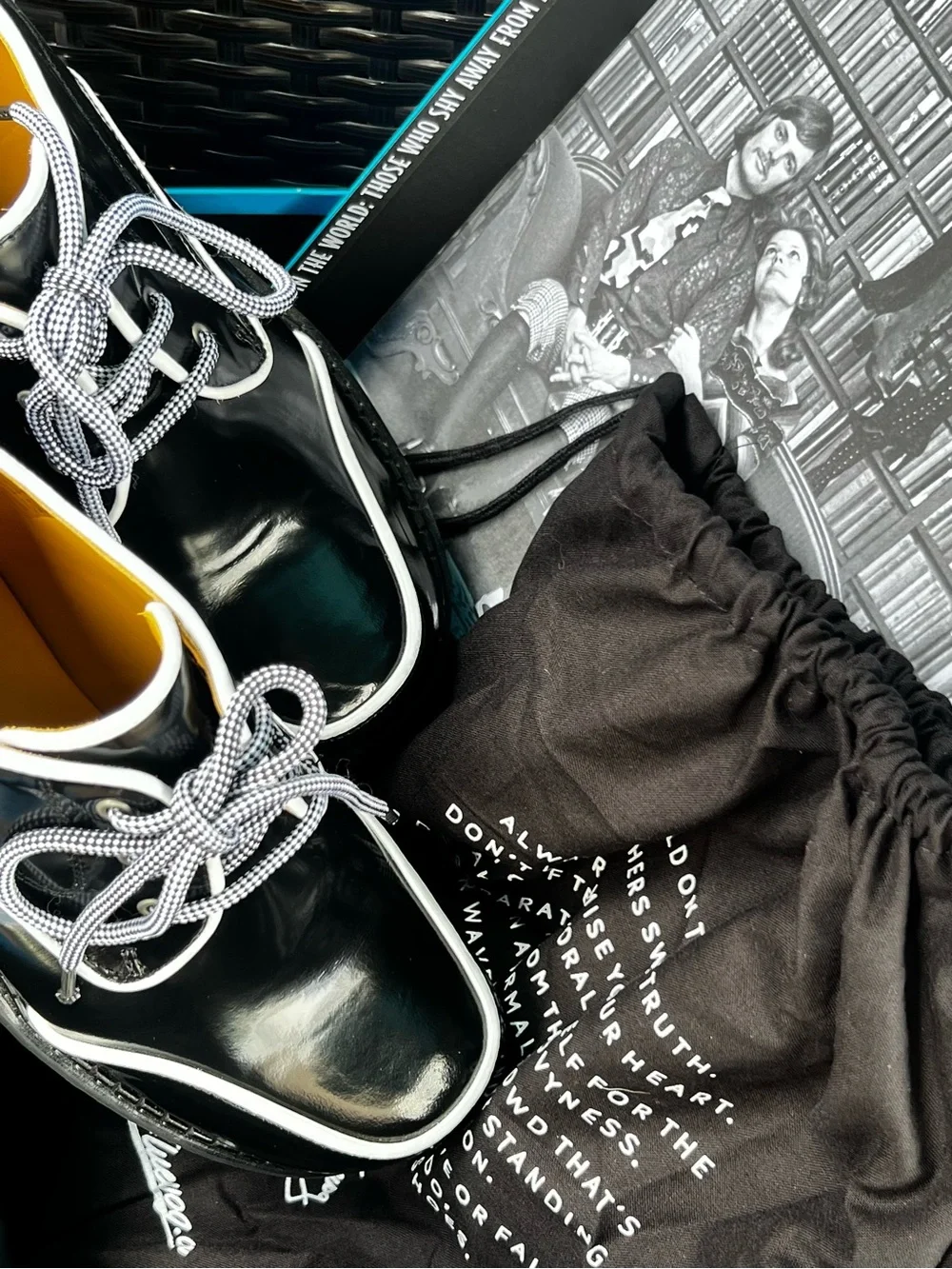 NIB John Fluevog YRSA Black/White Gloss Leather Platform Shoe Women’s 9.5 fits 9